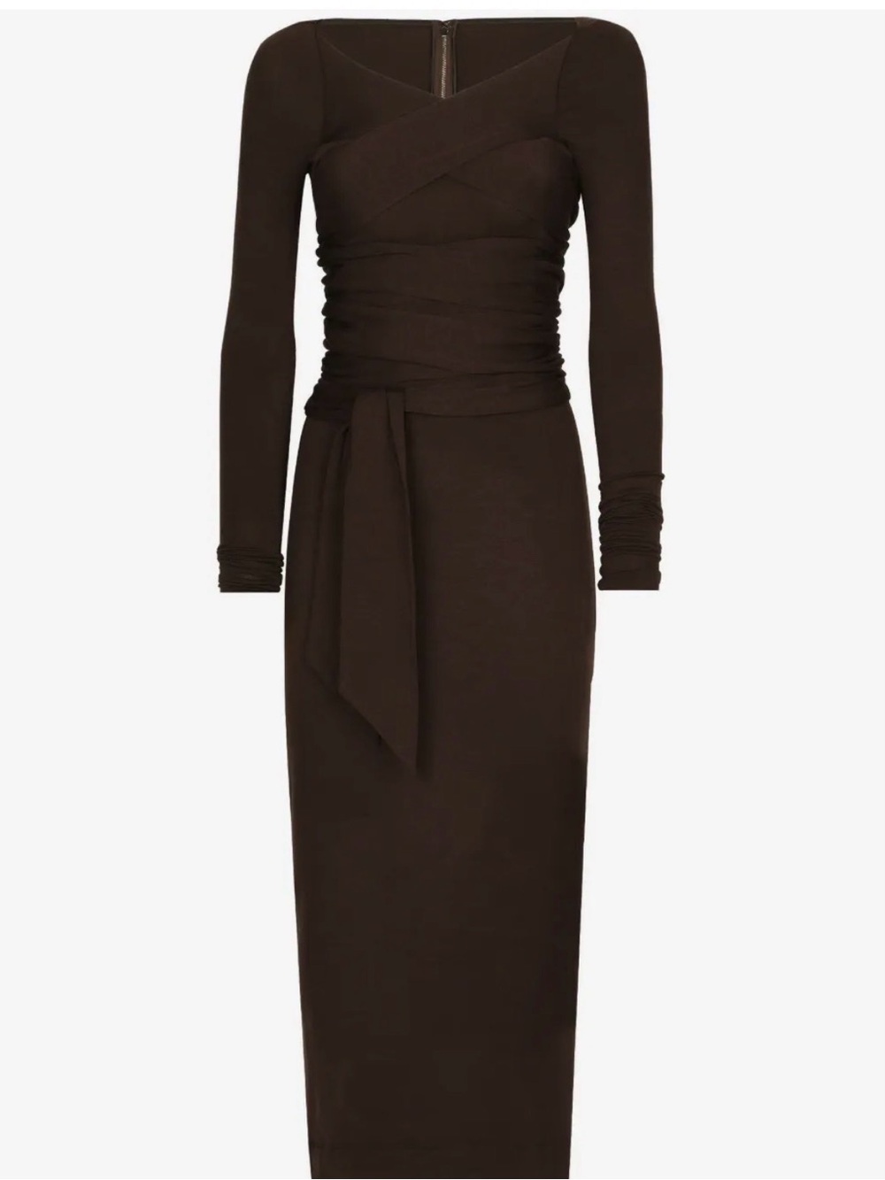 Dolce & Gabbana Long Sleeve Chocolate Brown Ruched Midi Dress